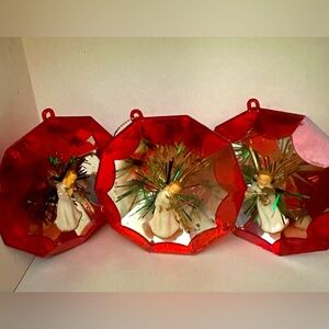 Vintage 1960’s Jewel Brite Diorama Reflective Tinsel Angels Ornaments Set of 3